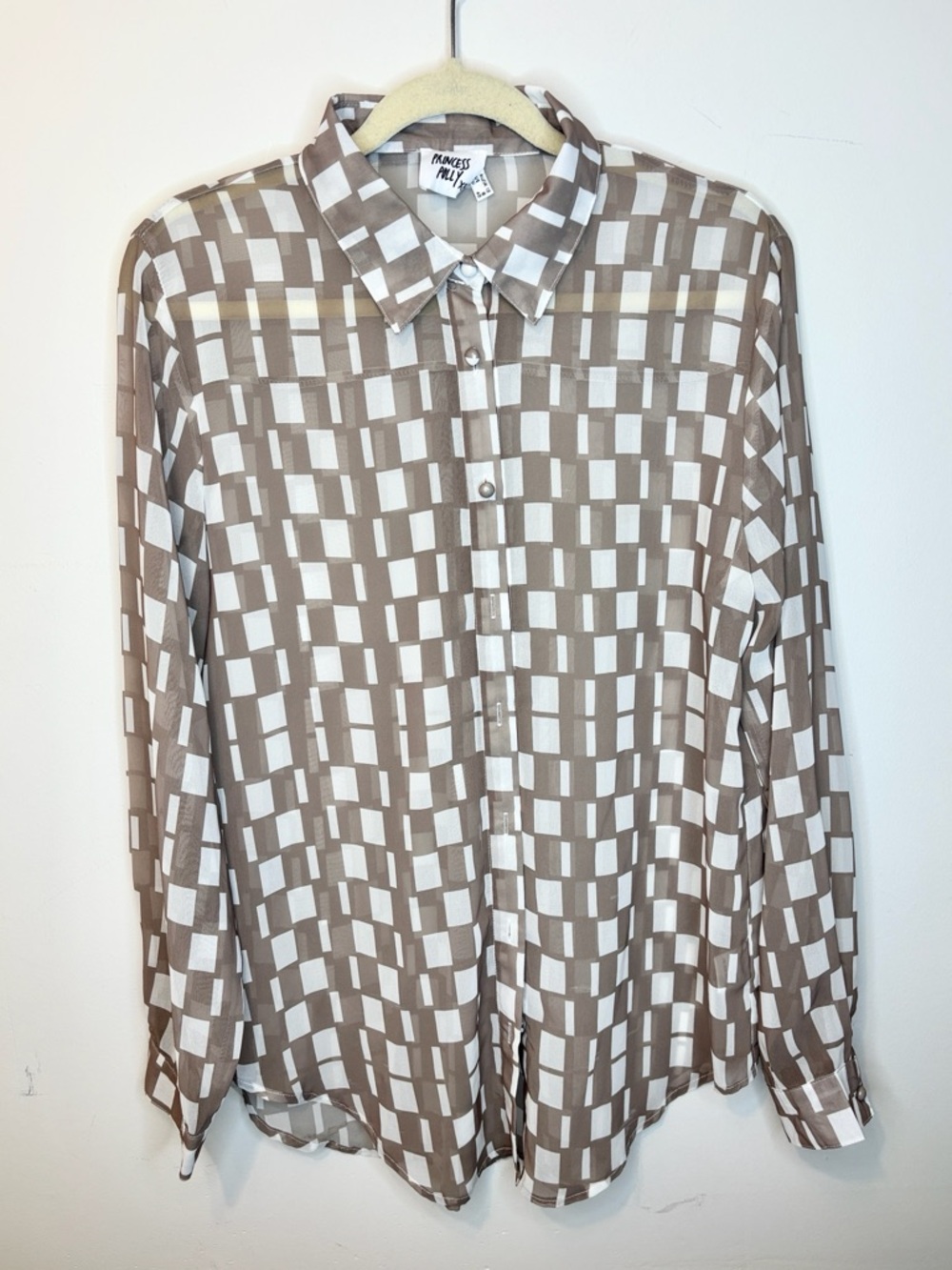 PRINCESS POLLY - Taupe & White Sheer Geometric Button-Down Shirt